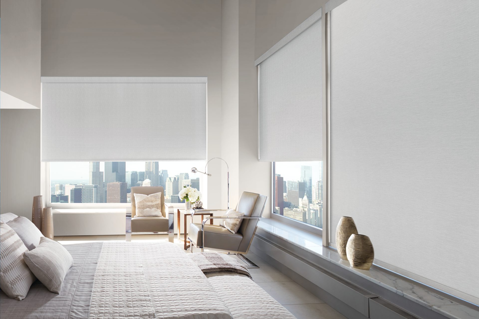 Roller shades in a bright room