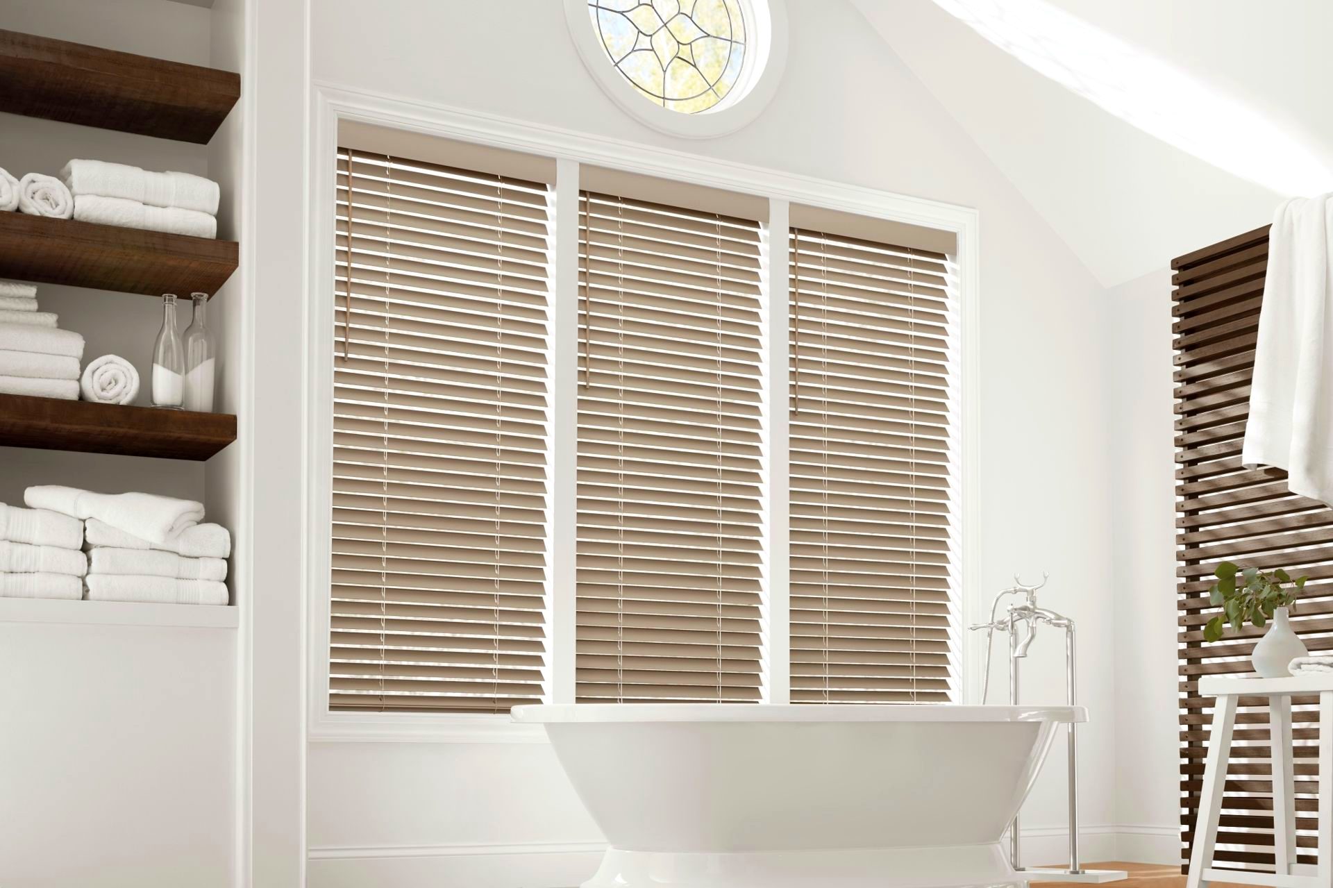 White wood blinds in a bathroom